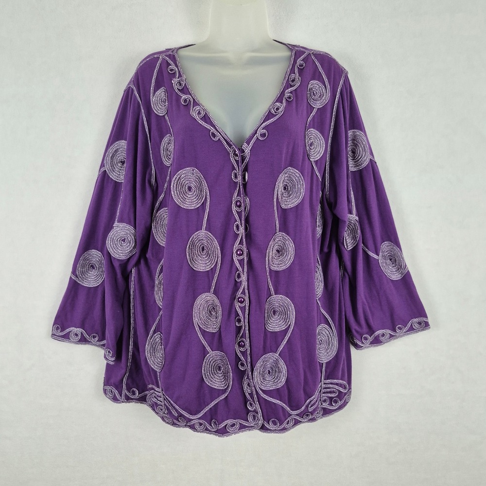 Vintage Art to Wear Whimsical Purple Spiral Embroidered Cardigan 2X Art Teacher